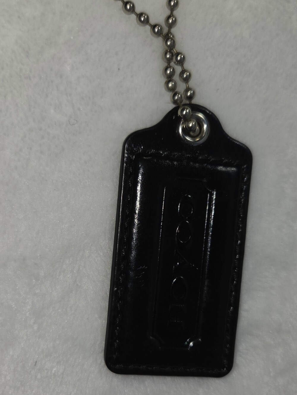 Coach Black Patent Leather Hang Tag with Silver Ball Chain. EUC